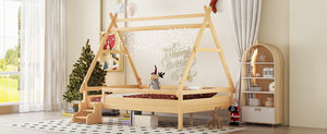 English Elm Twin House Shaped Platform Bed Solid Pine Frame with Built in Stairs for Kids Natural W1580P354721