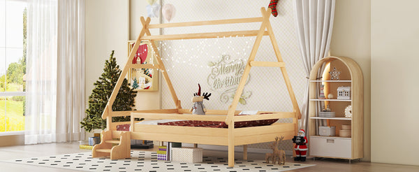 English Elm Twin House Shaped Platform Bed Solid Pine Frame with Built in Stairs for Kids Natural W1580P354721