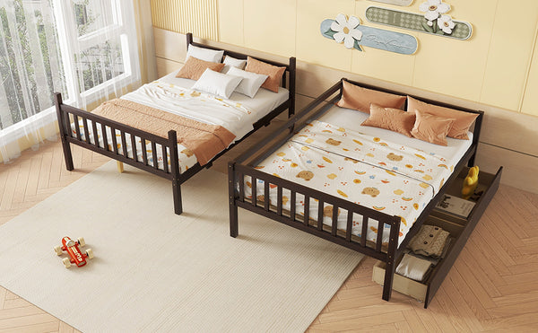 English Elm Full Full Over Full Rubber Wood Bunk Bed With 2 Storage Drawers, Convertible Into 2 Separate Beds, Espresso W504S00196