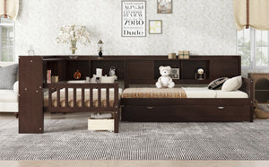 English Elm L-shaped Twin Platform Bed with Trundle, Solid Wood Corner Sleeper with Drawers, Shelves, No Box Spring Needed Espresso W1580S00261