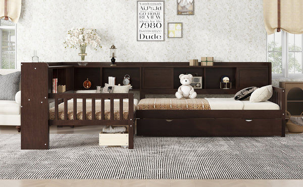 English Elm L-shaped Twin Platform Bed with Trundle, Solid Wood Corner Sleeper with Drawers, Shelves, No Box Spring Needed Espresso W1580S00261