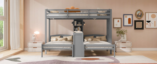 English Elm Twin Triple Bunk Bed with Built in Desk Open Shelving and Led Task Lighting Gray N7090002243E