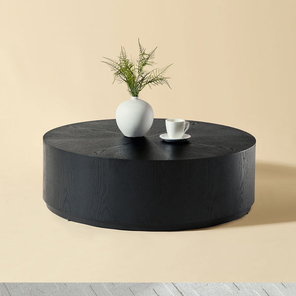 English Elm 35.43 Inch Round Drum Coffee Table Wood Veneer Mdf Pedestal Base for Living Room W2582P389443