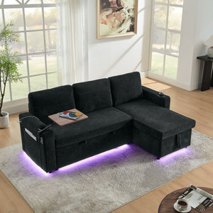 English Elm Modern Chenille Pull-Out Bed Sofa With Led Lights, Usb Ports, Cup Holders & Retractable Table, Black W1413S00098