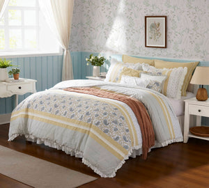 English Elm 9 Piece Cotton Percale Comforter Set - Timeless Yellow Cottage Charm With Elegant Paisley Design B03597197