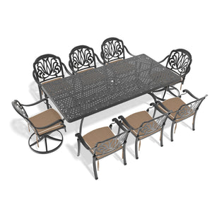 English Elm 9-Piece All-Weather Cast Aluminum Dining Set With 2 Swivel Chairs & 6 Cushioned Dining Chairs W1710S00477