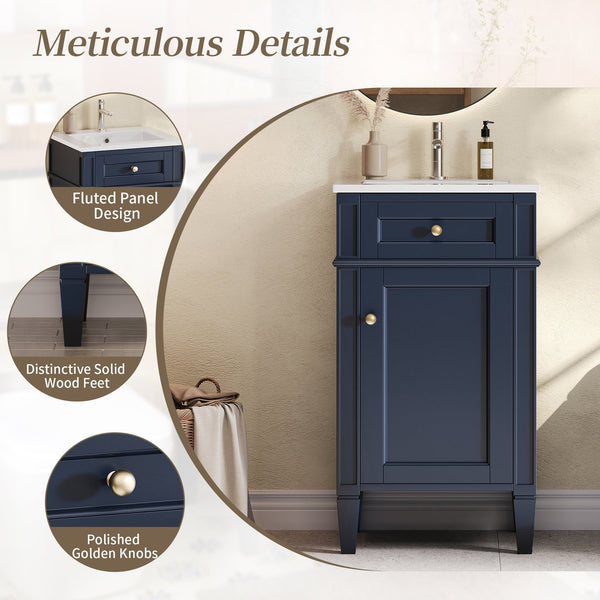English Elm 18-inch French Style Freestanding Bathroom Vanity with Ceramic Sink Soft Close Storage Blue N710P411340C
