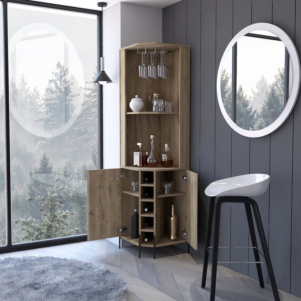 English Elm Reese Corner Bar Cabinet with Wine Rack Stemware Storage and Paneled Double Doors B128S00157