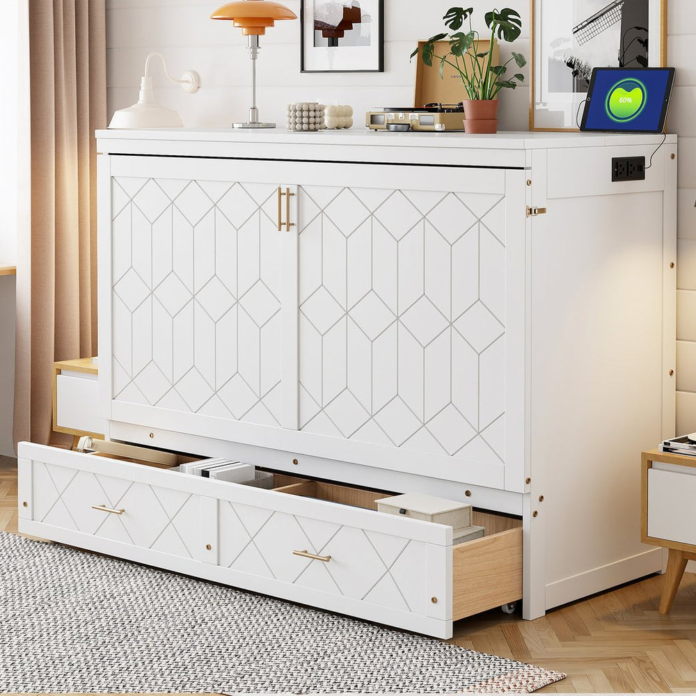 English Elm Queen Murphy Wall Bed Cabinet with Storage Drawer Built-in Power Outlets Usb Ports White LP000400AAK-1