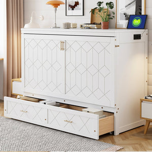 English Elm Queen Murphy Wall Bed Cabinet with Storage Drawer Built-in Power Outlets Usb Ports White LP000400AAK-1