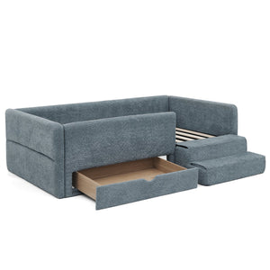 English Elm Twin Boucle Upholstered Kids Bed with Guardrails Built in Storage and Cushioned Step Stool Navy W1413P433366