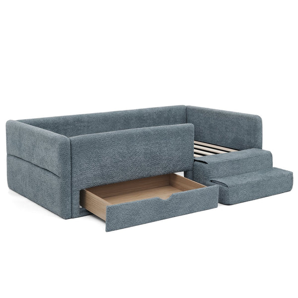 English Elm Twin Boucle Upholstered Kids Bed with Guardrails Built in Storage and Cushioned Step Stool Navy W1413P433366