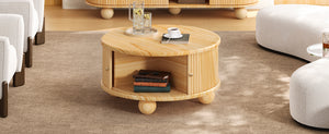 English Elm Round Fluted Pine Wood Coffee Table with Hidden Sliding Door Storage for Living Room Natural N735P369879N