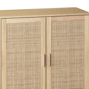 English Elm 62.20"Elegant 4-Door Rattan Storage Cabinet with Solid Wood Legs, Spacious Shelves & Easy Assembly Natural W757P190066