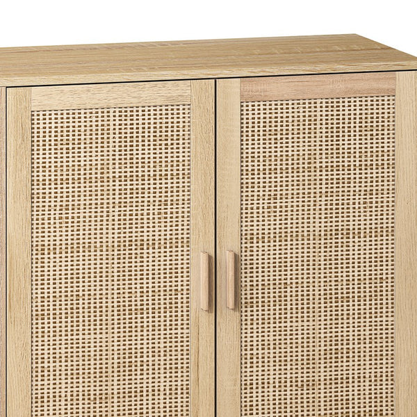 English Elm 62.20"Elegant 4-Door Rattan Storage Cabinet with Solid Wood Legs, Spacious Shelves & Easy Assembly Natural W757P190066