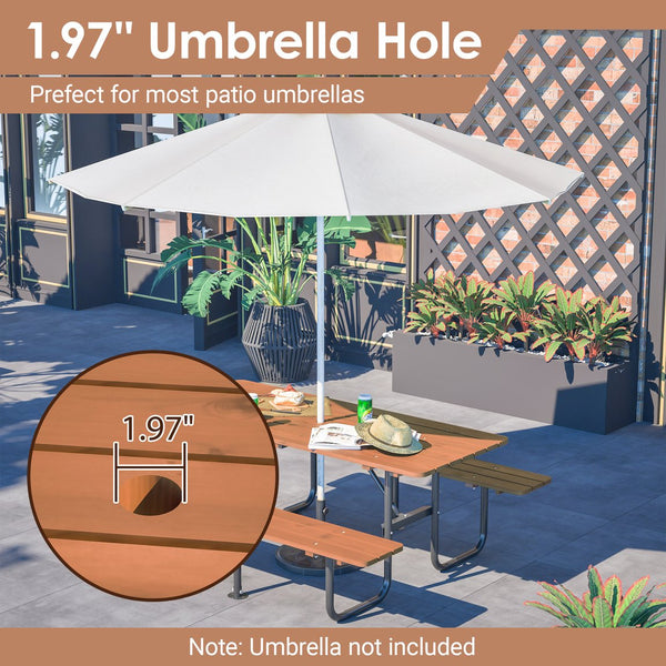 English Elm 72" Solid Wood Outdoor Picnic Table Seats 6 with Attached Benches and Umbrella Hole W1422S00061