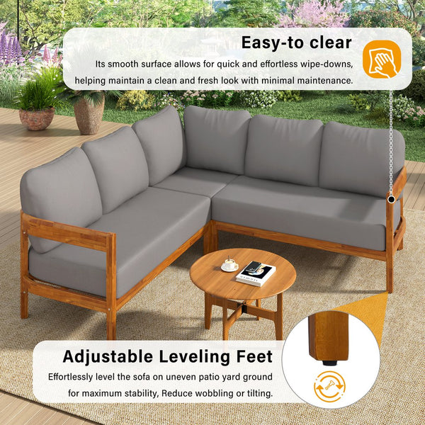 English Elm U_style Acacia Wood Outdoor L Shaped Corner Sofa Set with Arc Frame and Cushions Grey WY000481AAE