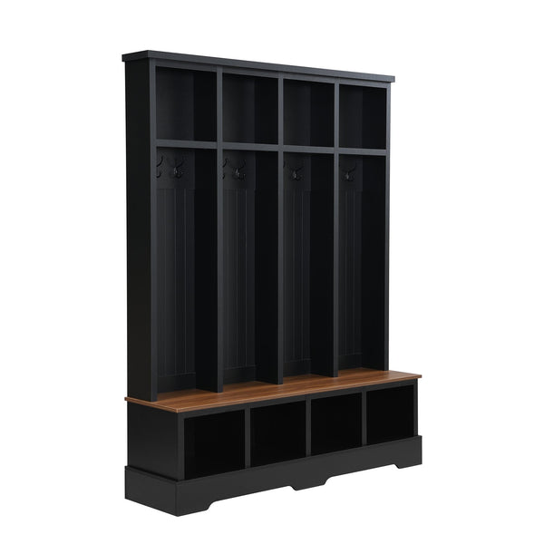 English Elm Farmhouse Hall Tree with Triple Arch Back Panel Eight Hooks Drawers and Entryway Bench Black N721S000075B
