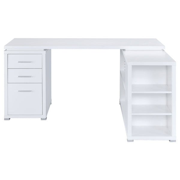 English Elm 1pc L-Shape Desk 60" Home Office Workstation with Three Drawers, Built-In File Cabinet, Shelves White 64.76 L x 26.97 W x 10.43 H B011P361977