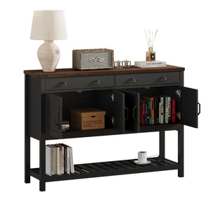 English Elm 47'' Modern Farmhouse Console Storage Table with Two Drawers Four-Door Cabinet and Slatted Shelf for Entryway Living Room Organization and Display Black,Rustic Brown T3771P372075