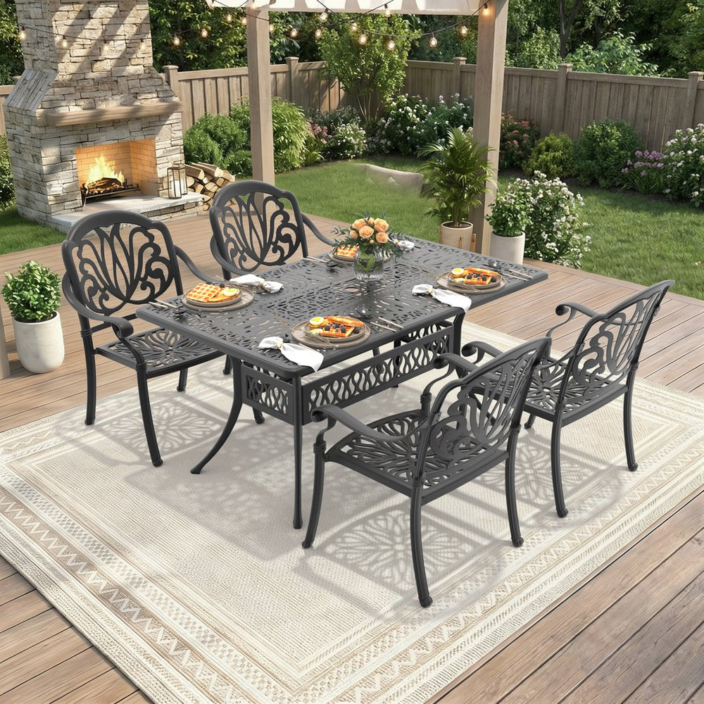English Elm 5-piece Cast Aluminum Outdoor Dining Set Old World Ornate Patio Furniture Brown Cushions W1710S00567