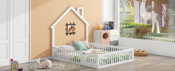 English Elm Wood House Platform Bed Full Size with Guardrail & Playful Frame, Sturdy Pine, Kid-Safe Design White N709P171852K