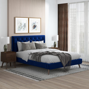 English Elm Ashcroft Furniture - Dillon Elegant Blue Velvet Platform Bed - Mid-Century Modern Design With No-Box-Spring Required B183S00080