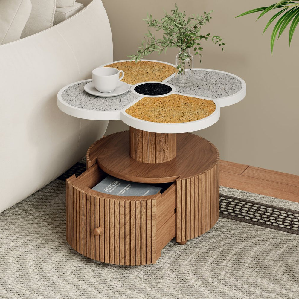 English Elm Unique Clover Shaped Stone Texture Side Table with Drawer Organic Sculptural Accent N770P355454N