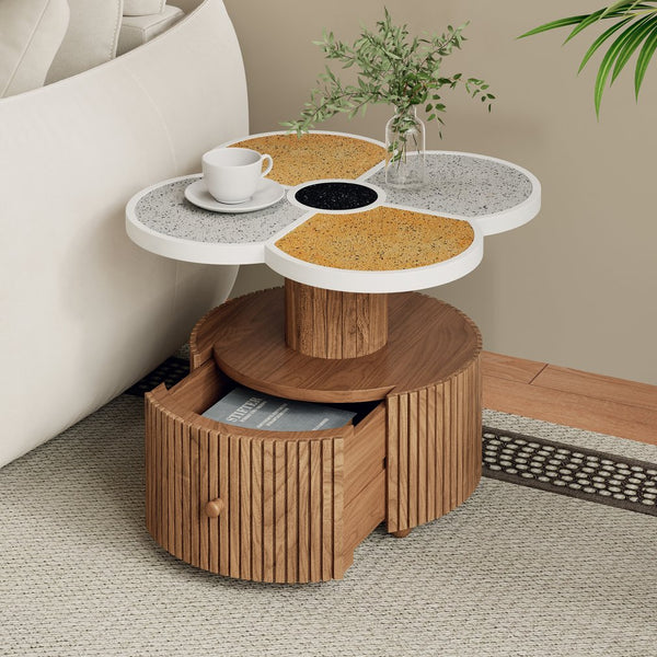 English Elm Unique Clover Shaped Stone Texture Side Table with Drawer Organic Sculptural Accent N770P355454N
