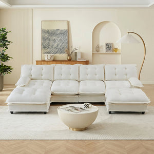 English Elm 138" U-shaped Chenille Cloud Sectional Sofa Four Seat Modular with Ottomans Lounge W714S01685