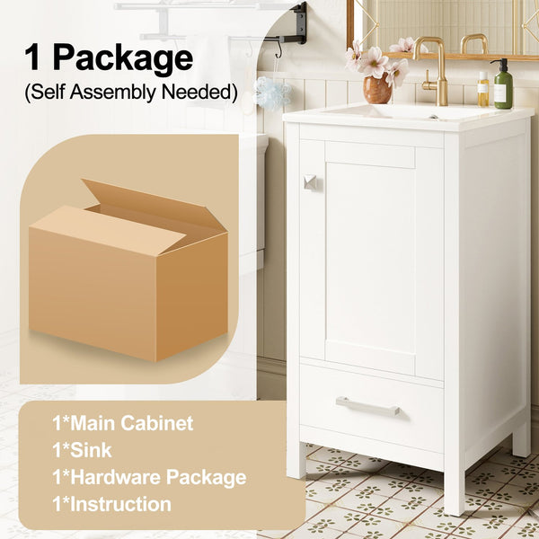 English Elm 18-Inch Modern Bathroom Vanity with Ceramic Sink, Soft-Close Doors, Divider Drawer & Adjusting Feet White N729P334854K