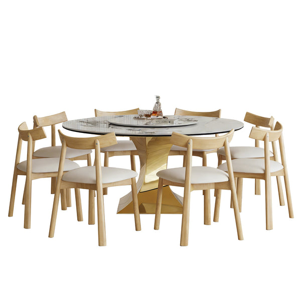 English Elm 59" Round Sintered Stone Table Set Seats Eight with Gold Hourglass Base Lazy Susan W2700S00131