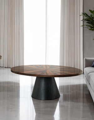 English Elm Contemporary Oval Coffee Table With High-Gloss Parquet Top & Textured Black Drum Base For Living Rooms B2741S00624