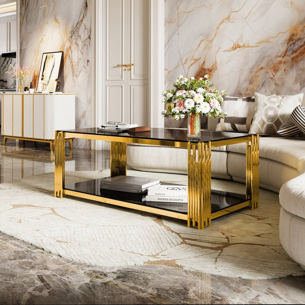 English Elm Modern Glam Rectangular Coffee Table with Mirrored Top Gold Sculptural Frame Open Shelf Black N735P380099B
