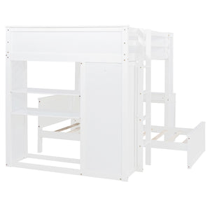 English Elm Full Twin Loft Bed with Desk Wardrobe Shelves Pine Wood Frame Kids Bedroom White LT000821AAK-1