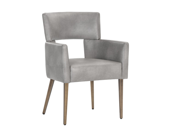 Sunpan Amerie Contemporary Dining Armchair with Unique Cutout Design and Antique Brass Legs for Modern Spaces Bravo Metal