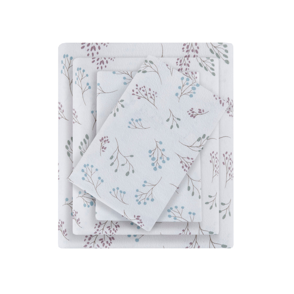 English Elm 4 Pieces Cal King 100% Cotton Flannel Sheet Set - Cozy White Botanical Print For Year-Round Comfort B035P381337