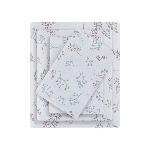 English Elm 4 Pieces Cal King 100% Cotton Flannel Sheet Set - Cozy White Botanical Print For Year-Round Comfort B035P381337