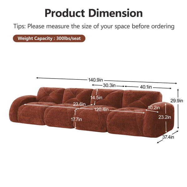 English Elm 140''soft Velvet Modular Cloud Sofa Tufted Plush Seating for Living Room or Home Theater Red+Brown W714S01609