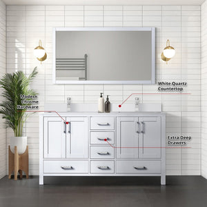 English Elm White Double Bath Vanity Set With 60" Quartz Top, Chrome Faucets, Storage, And 58" Framed Mirror B2731S00991-GIGA