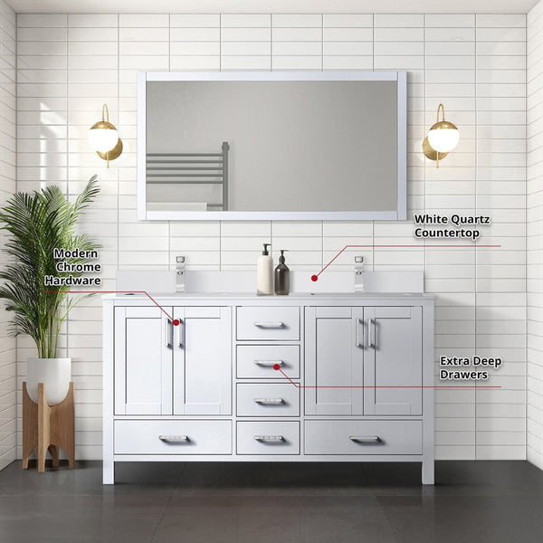English Elm White Double Bath Vanity Set With 60" Quartz Top, Chrome Faucets, Storage, And 58" Framed Mirror B2731S00991-GIGA