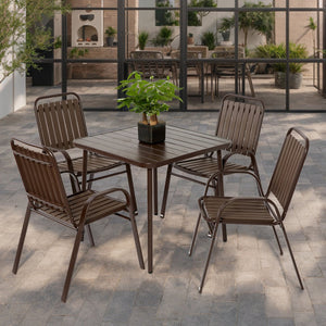 English Elm 5-Piece Wicker Outdoor Dining Set with Square Steel Tabletop, Umbrella Hole, Ergonomic Chairs Brown W640S00047