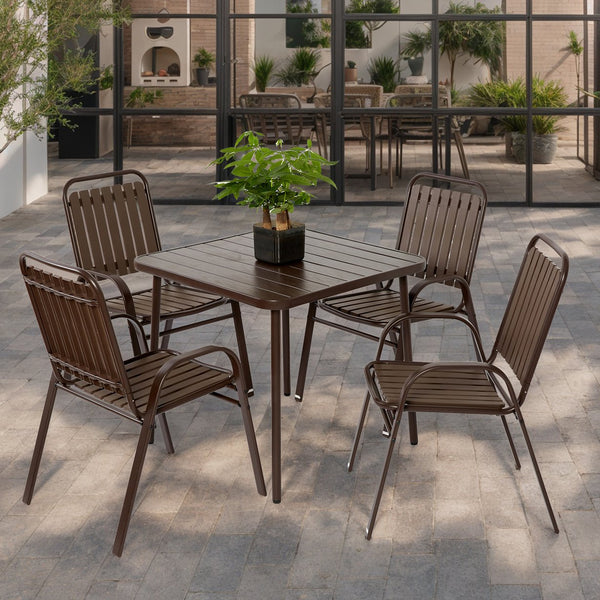 English Elm 5-Piece Wicker Outdoor Dining Set with Square Steel Tabletop, Umbrella Hole, Ergonomic Chairs Brown W640S00047