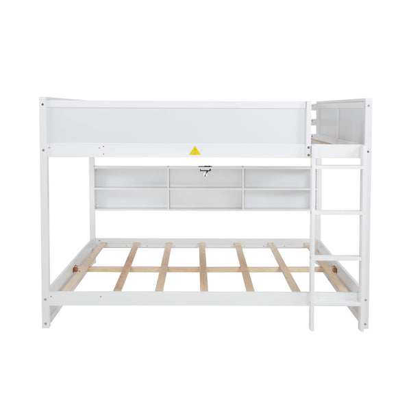English Elm Queen Over Queen Floor Bunk Bed with Built-In Storage Shelves, USB Charging Station, Solid Pine Frame, Safety Rails and LadderDesigned for Space Saving and Modern Bedrooms White W504S00240