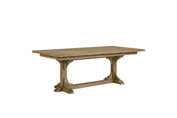 English Elm Trestle Solid Wood Dining Table with Hickory Geometric Veneer Top, Extends 84" to 114" with Leaves Beige 88 L x 48.75 W x 9.5 H B2699S00091