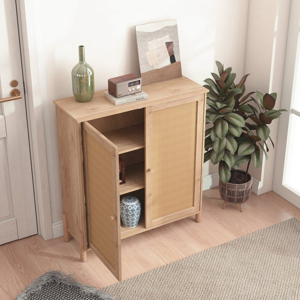 English Elm Mid-Century Woven Rattan Door Storage Cabinet with Adjustable Shelves and Solid Wood Legs, Stylish and Functional Natural 35.4 L x 18.5 W x 6.3 H W3151P288911