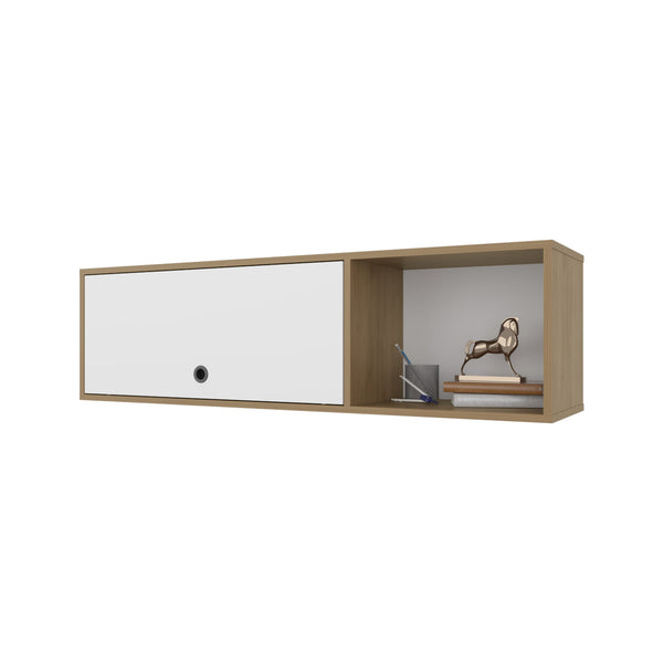 English Elm Roslyn Wall-Mounted Cabinet with Lift-Up Door and Open Shelf — Natural Oak & White Modern Storage B128P287526