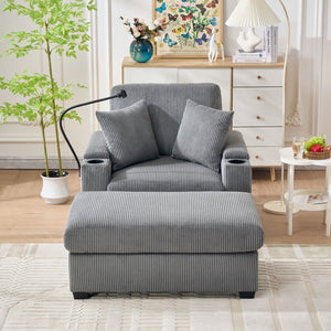 English Elm 55" Oversized Chaise Lounge Chair With Ottoman & Storage - Comfy Velvet Recliner With Usb Port & Cup Holder W3373P330166