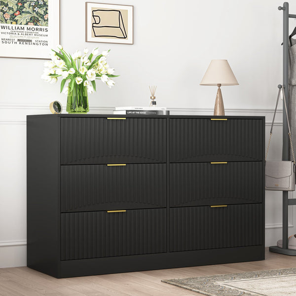 English Elm Modern Six Drawer Chest with Wavy Textured Fronts Sleek Matte Storage for Any Room Black W409P307525
