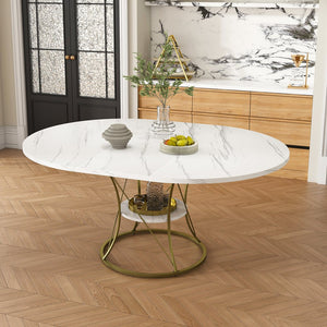 English Elm 43 Inch Expandable Round Dining Table Walnut Veneer Seats Six with Metal Storage Shelf Walnut+Gold W2700P411581